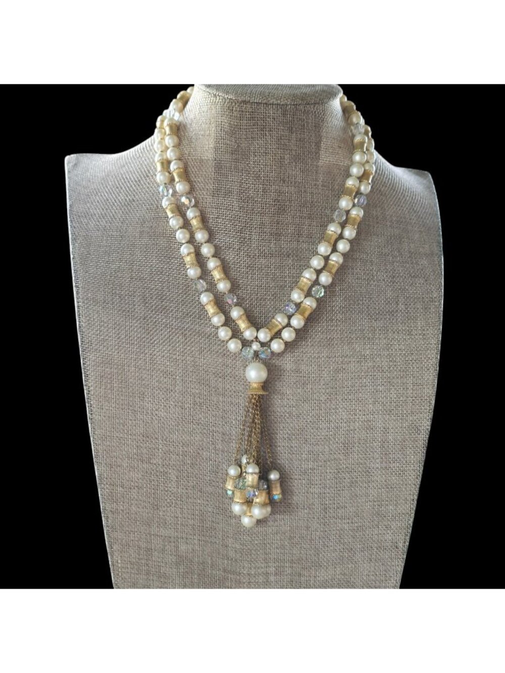 Vtg Statement Long Multi Faux Pearl AB Glass Beads Tassel Gold Tone Necklace